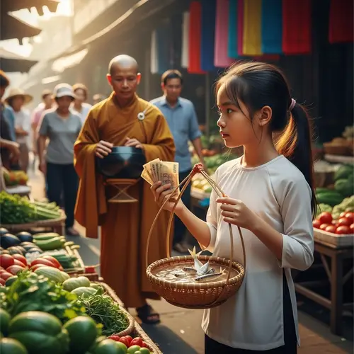 Vietnamese Girl Contemplates Monk Offering or Saving Fish