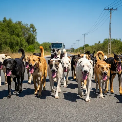 Pack of Wild Dogs Walking Down Hot Road