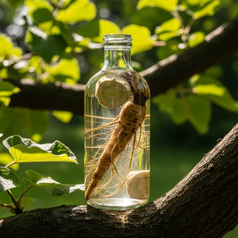 Burdock Root Bottle on Tree Branch - Natural Essence