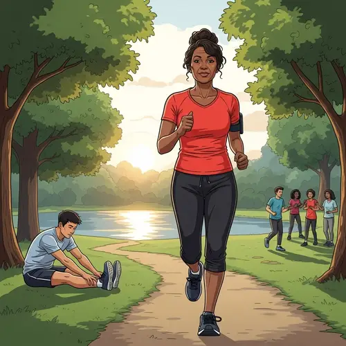 Active Lifestyle Illustration: Middle-Aged African Woman Running in Park