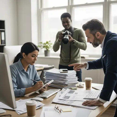 Bustling Newsroom Scene: Journalist, Photographer, and Editor in Action