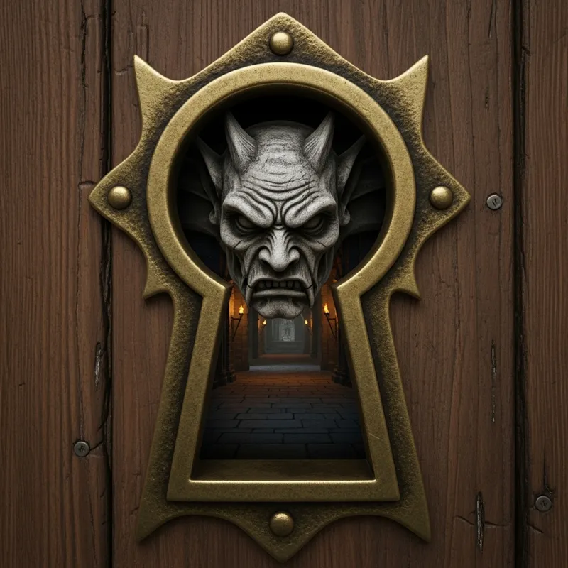 Malevolent Gargoyle Peeking Through Old Brass Keyhole