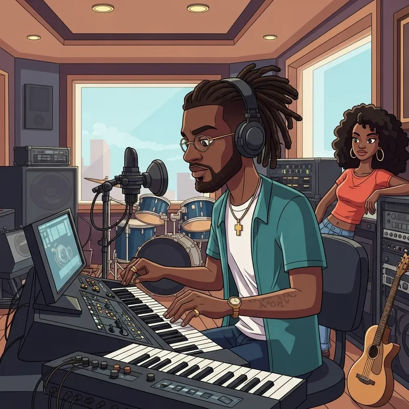 Cartoon Man with Dreadlocks in Recording Studio with Black Girlfriend - Creative Scene