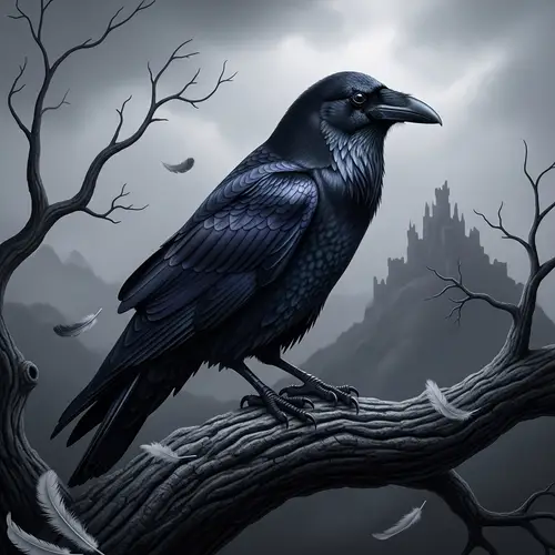 Mysterious Raven Perched on Weathered Tree Branch