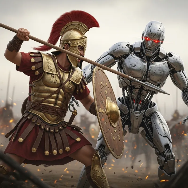 Trojan Warrior Battles Terminator | Epic Clash Imagery Trojan Warrior Battles Terminator | Epic Clash Imagery