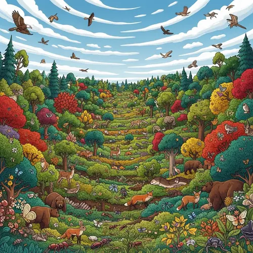 Vibrant Forest Wildlife and Nature Scene | Woods Animals and Birds