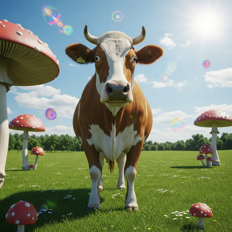 Dazed Cow in Dreamlike Pasture | Psychedelic Countryside Scene
