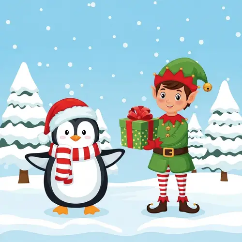 Festive Penguin and Christmas Elf in Winter Landscape