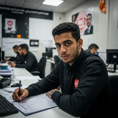Determined Young Middle-Eastern Project Coordinator in Intense Election Office Scene