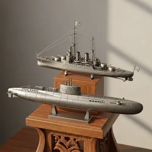 Warship and Submarine Trophy | Intricately Carved Wooden Stand