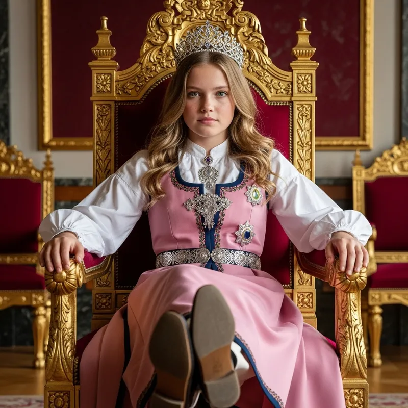 Regal Norwegian Girl in Pink Nordic Costume on Lavish Throne