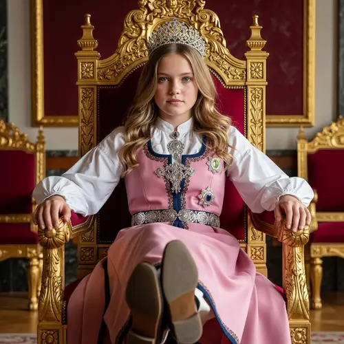 Norwegian Girl in Pink Traditional Nordic Costume on Lavish Throne