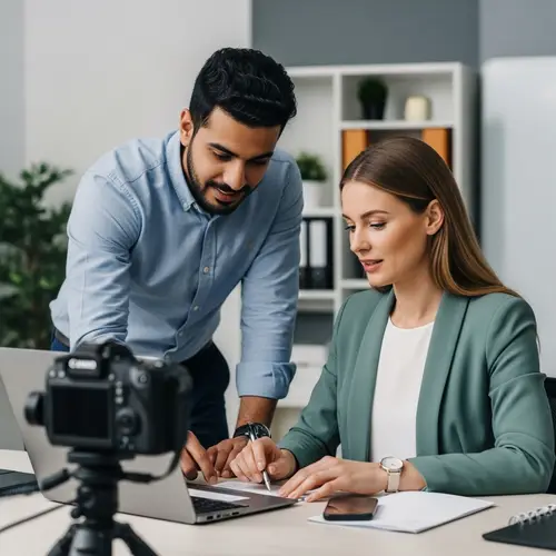 Professional Teamwork: Handsome Man Assists Woman in Candid Moment