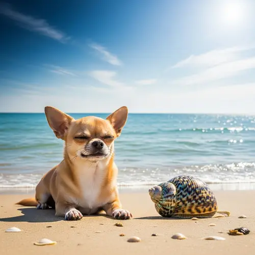 Chihuahua and Mollusk Enjoying Beach Sun | Beautiful Sea View