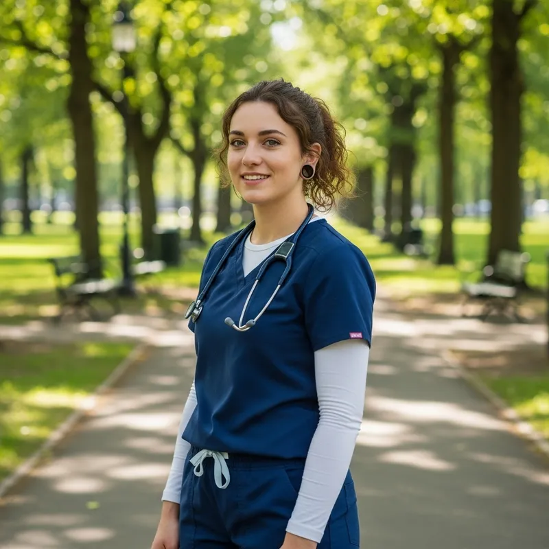 Caucasian Nursing Student in Navy Blue Uniform | Park Background Caucasian Nursing Student in Navy Blue Uniform | Park Background
