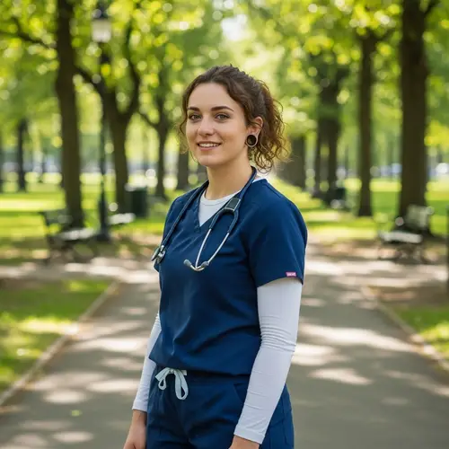 Caucasian Nursing Student in Navy Blue Uniform | Park Setting