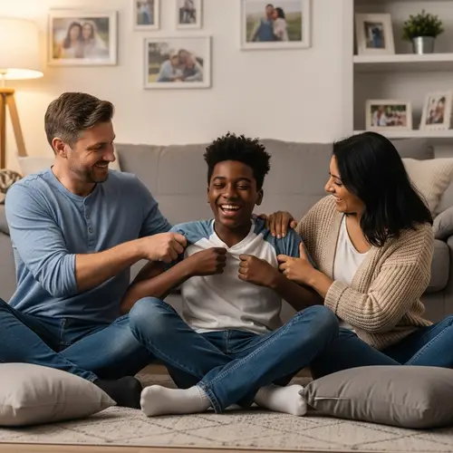 Loving Family Tickle Scene: Heartwarming Indoor Moment