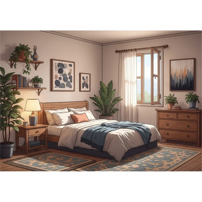 Modern Bedroom Decor: Queen Bed, Lamp, Dresser & More