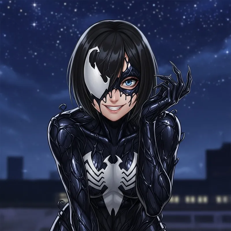 Teagan Croft as Raven in Black Symbiote Costume: Night Grin Shot Teagan Croft as Raven in Black Symbiote Costume: Night Grin Shot