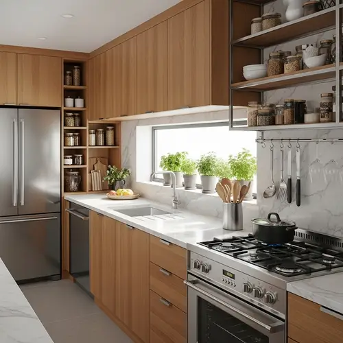 Modern Modular Kitchen Design with Marble Countertop and Stainless Steel Appliances