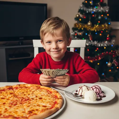 Young Boy Counting Money with Ice Cream and Pizza | Festive Scene