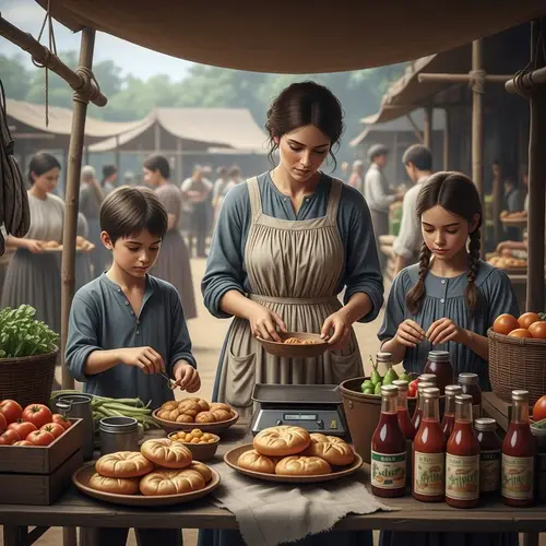 19th Century Market Scene: Struggling Woman & Children Selling Food