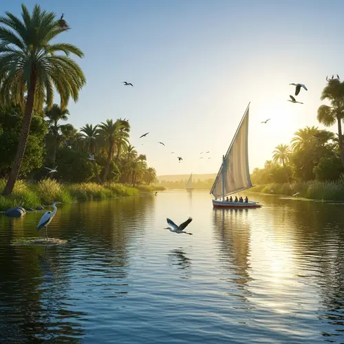 Serene Nile River Landscape: Azure Waters & Palm Trees