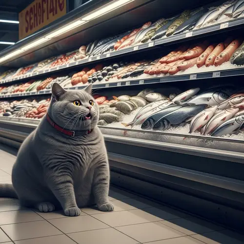 Fat British Grey Cat in Grocery Store Salivating Over Fresh Fish