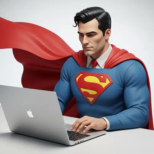 Male Superhero Working on Modern Laptop | Strength & Integrity