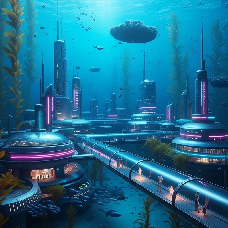 Underwater City with Neon Lights