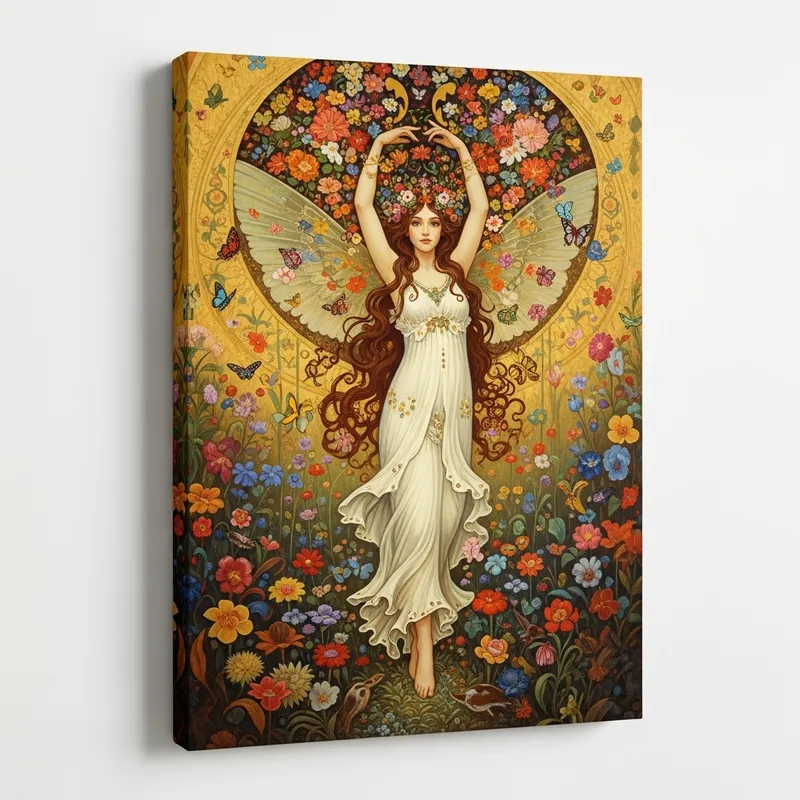 Enchanting Forest Nymph in Golden Klimt Style with Vibrant Flora and Fauna