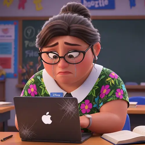 Heartwarming Disney Pixar Movie Cover: Crying Teacher and Scratched Laptop
