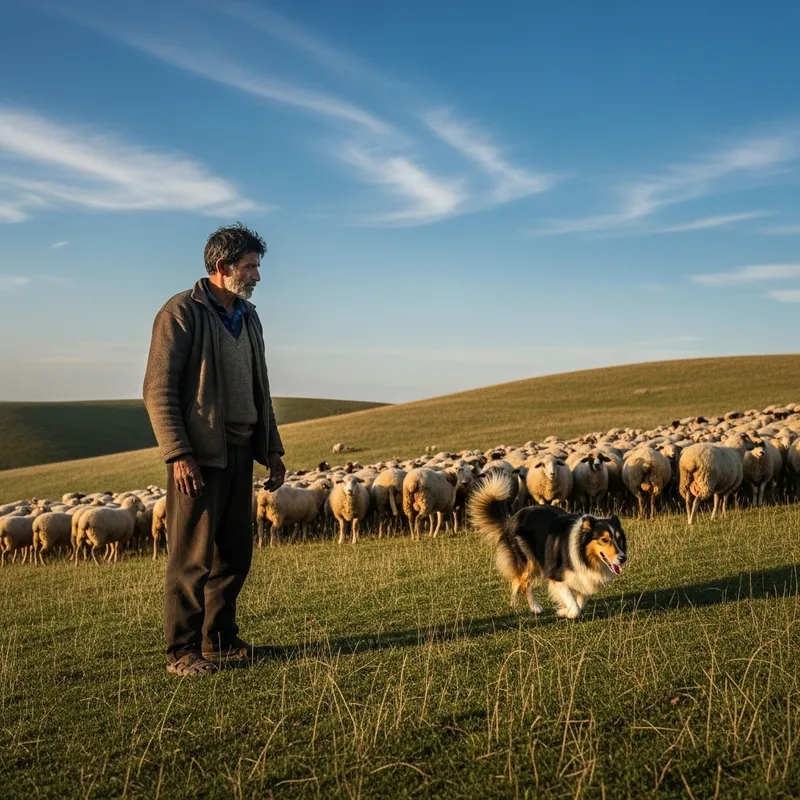 Draw a Peaceful Sunset Shepherd Scene with a South Asian Man and Sheep