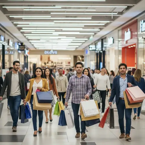 Vibrant Shopping Mall with Diverse Crowd and Variety of Stores
