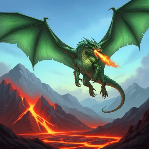 Majestic Emerald Dragon Soaring Over Glowing Lava Mountains