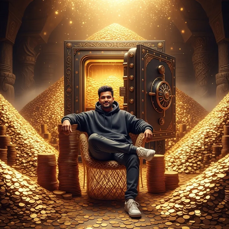 South Asian Man Amid Golden Coins | Vintage Safe Fantasy. Grand Scenery