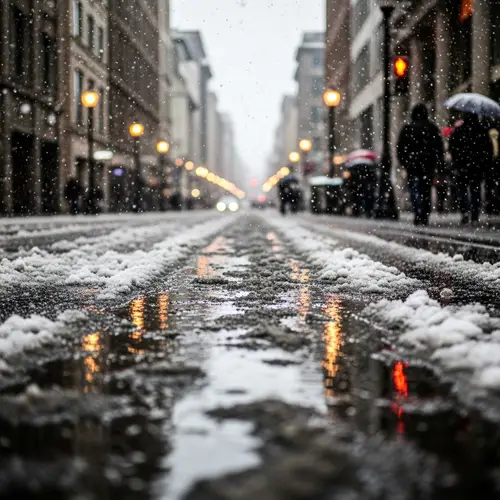 Winter City Street Scene: Snow and Rain Blend