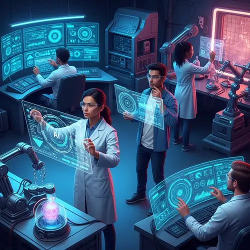 Futuristic Neon-lit Laboratory with Diverse Scientists in Action