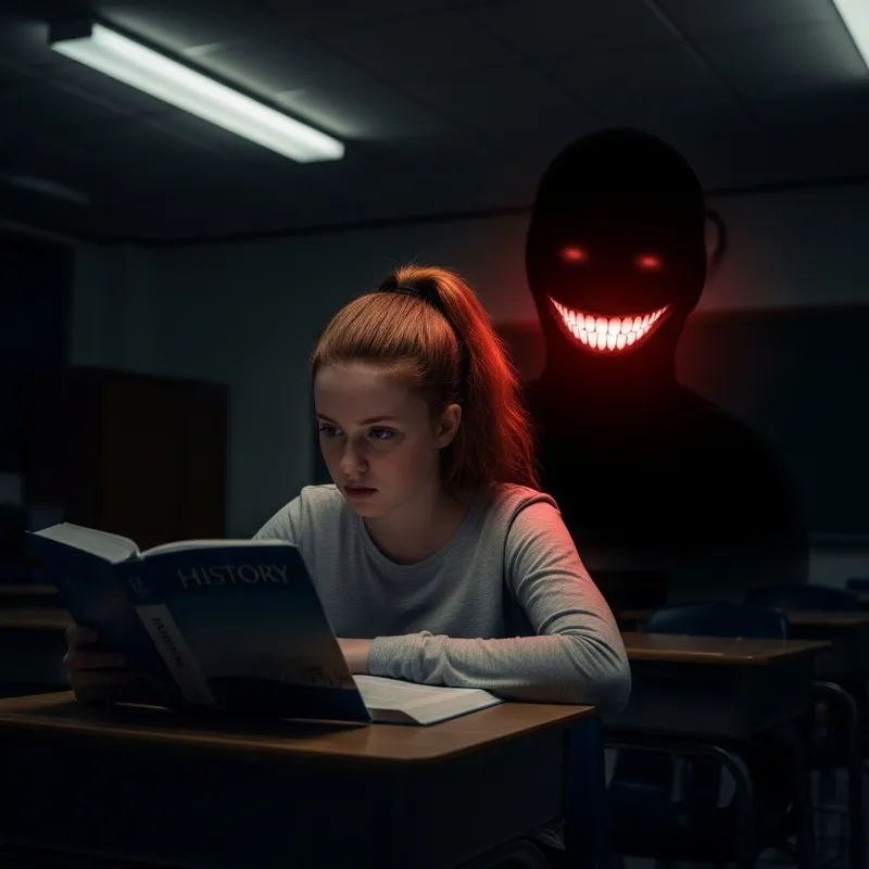Caucasian Girl with Red Ponytail at School Desk | Enigmatic Smile