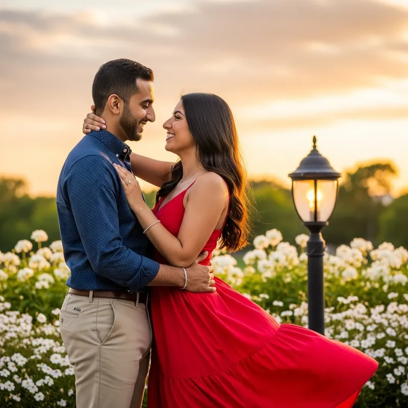Loving Couple Embracing in Beautiful Park - Radiant Smiles of Affection