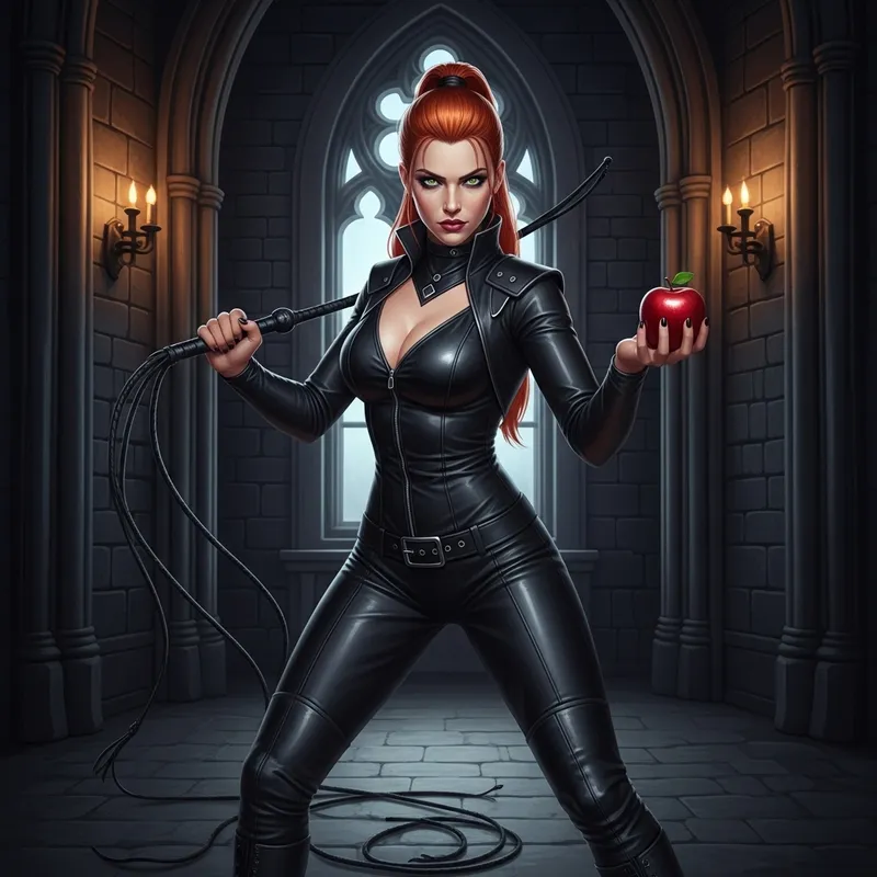 Commanding Dominatrix in Leather & Whip