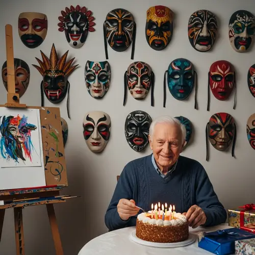 Elderly American Man Celebrating Birthday with Passion for Masks and Painting