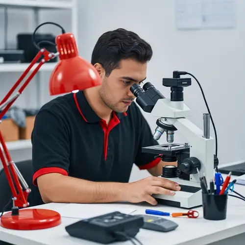Hispanic Computer Technician at Service Center | Microscope Focus Adjustment