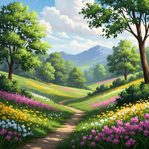 Enchanting Spring Landscape with Lush Green Trees and Colorful Flowers