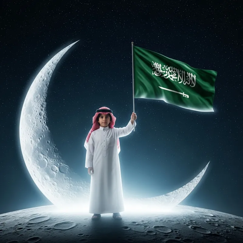 Child in Saudi Attire Holding Flag on Moon