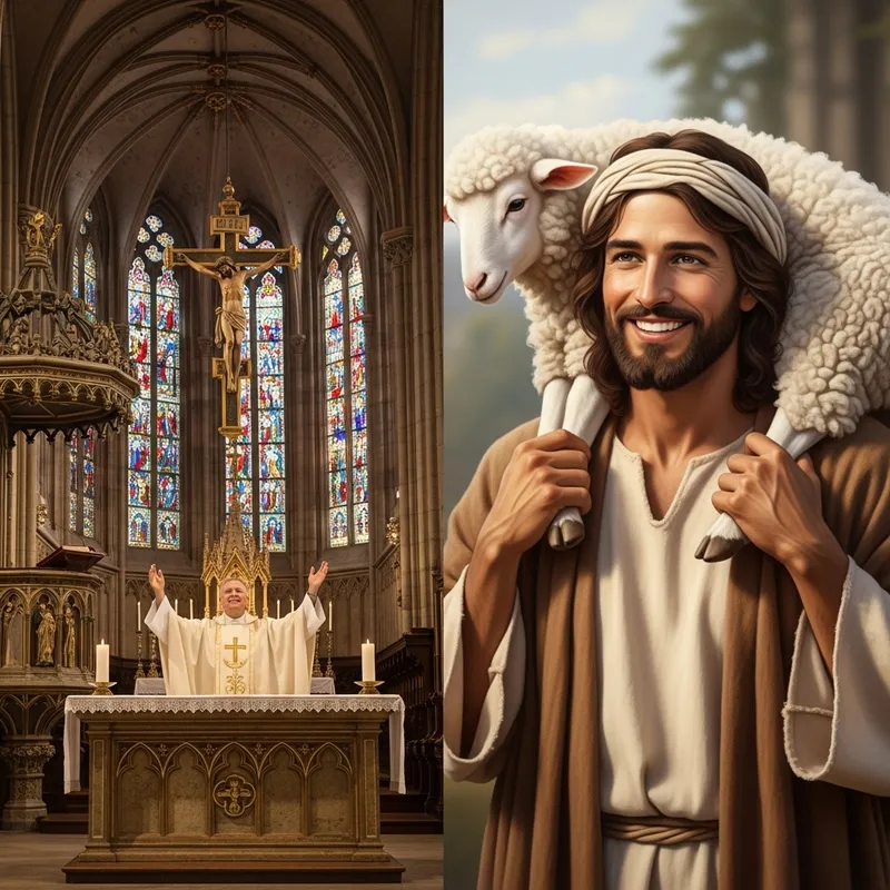 Catholic Priest Celebrating Mass & Smiling Good Shepherd with Sheep