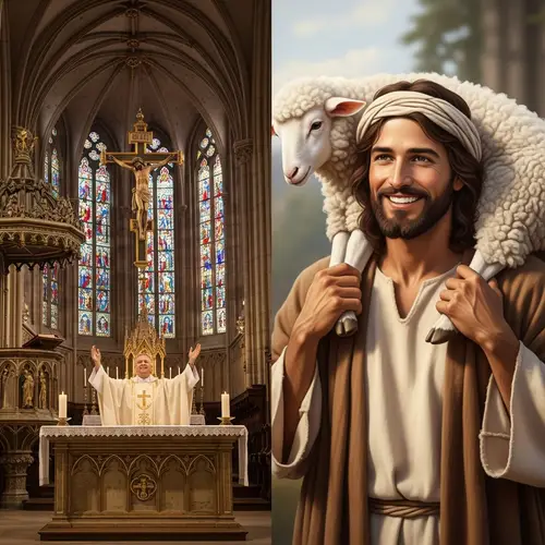 Caucasian Priest Celebrating Mass & Smiling Jesus Good Shepherd