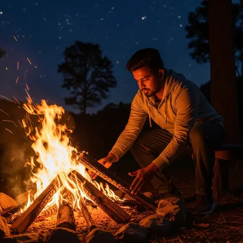 Skilled South Asian Man Tending Fire in Wilderness at Night