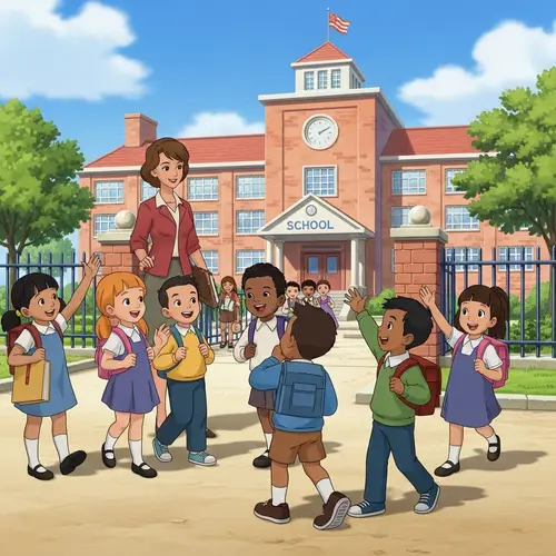 Classic Animated Film Scene: Kids Arriving at School