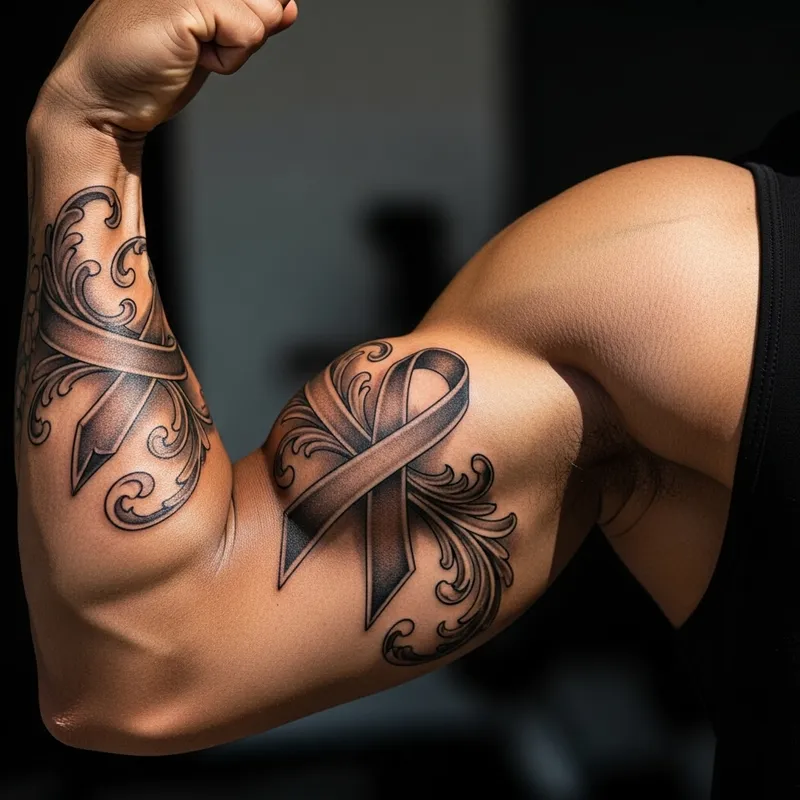 Hispanic Man Forearm Tattoo with Detailed Black Ribbon Design